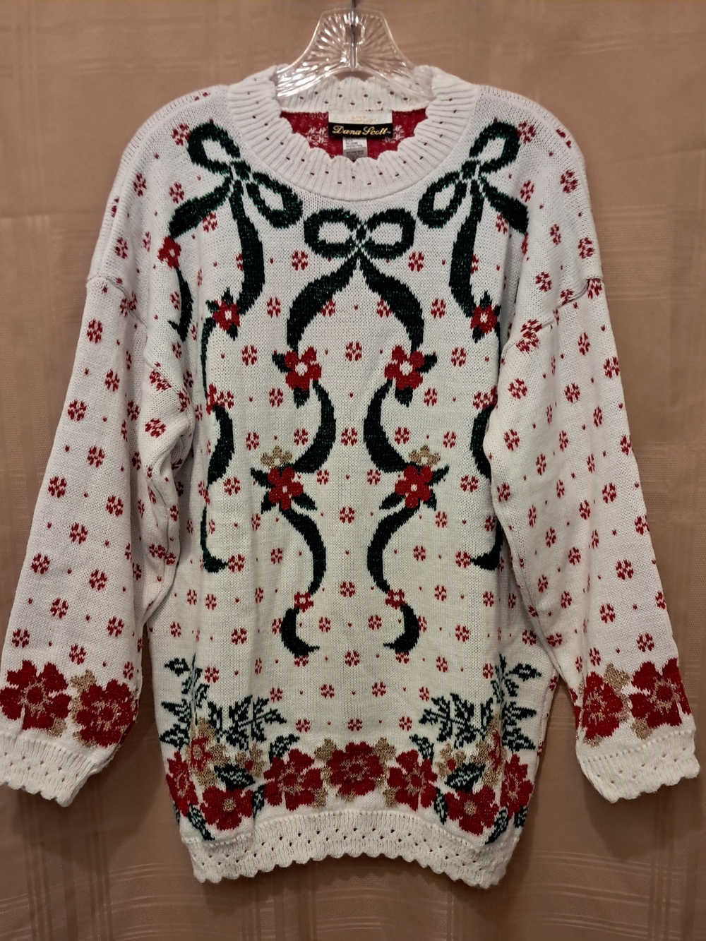 Dana Scott White Crewneck Sweater with Red Poinsettia & Green Bow Knit